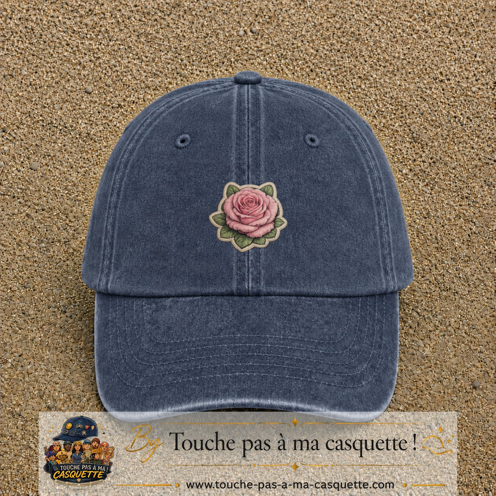 Casquette Bleu marine délavé motif Rose tendre 5 cm - vue principale