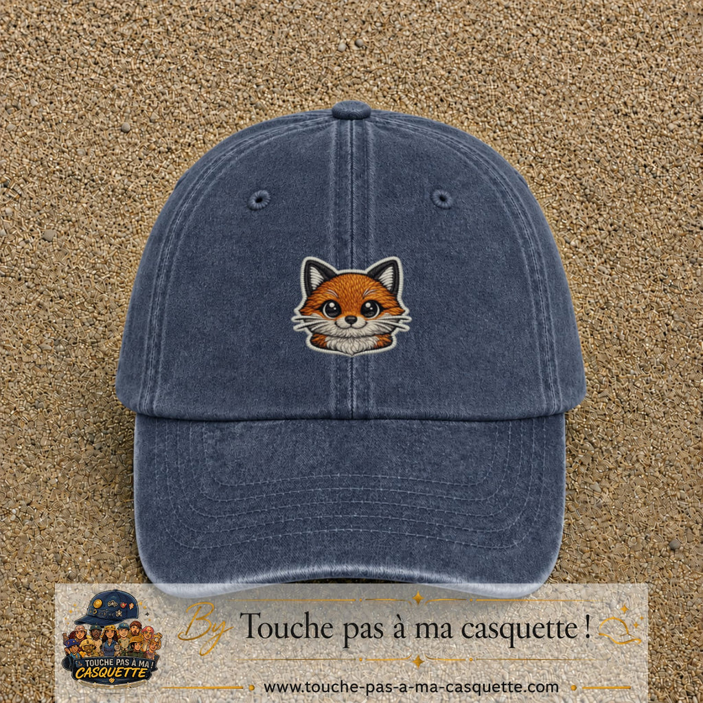 Casquette Bleu marine délavé motif Renard kawaii 5 cm - vue principale