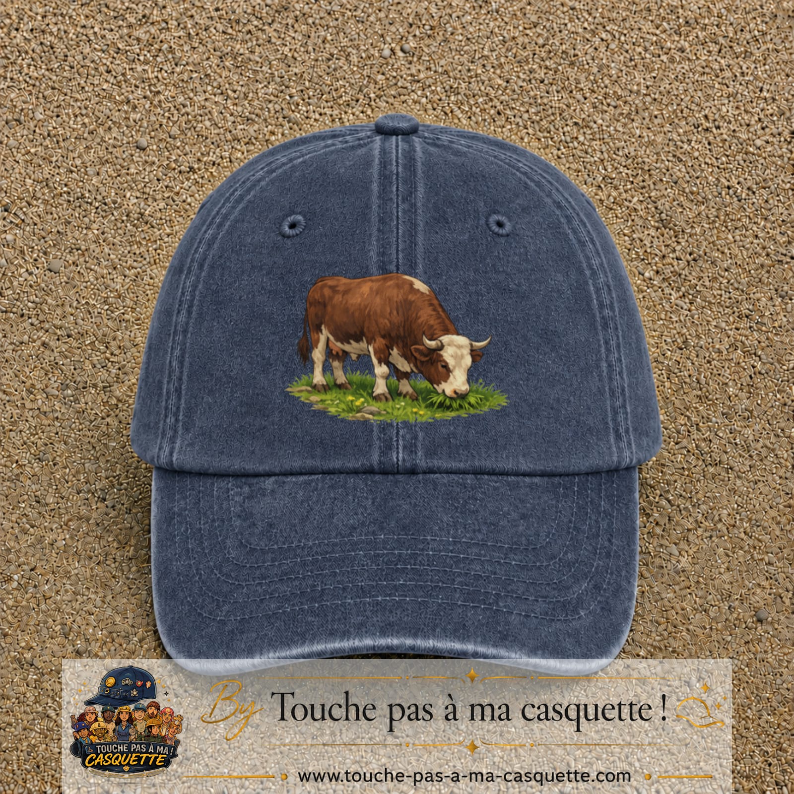 Casquette baseball Bleu marine délavé 100% coton avec motif Vache brune 7 cm - image principale