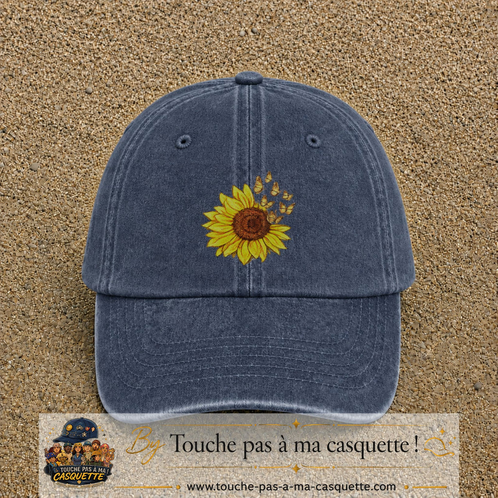 Casquette Bleu marine délavé motif Tournesol avec papillons 7 cm - vue principale