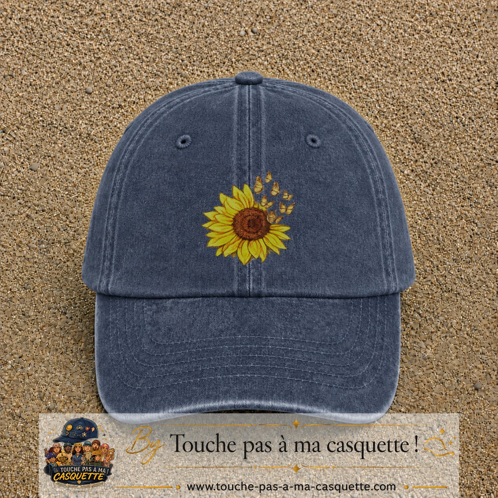Casquette Bleu marine délavé motif Tournesol avec papillons 7 cm - vue principale