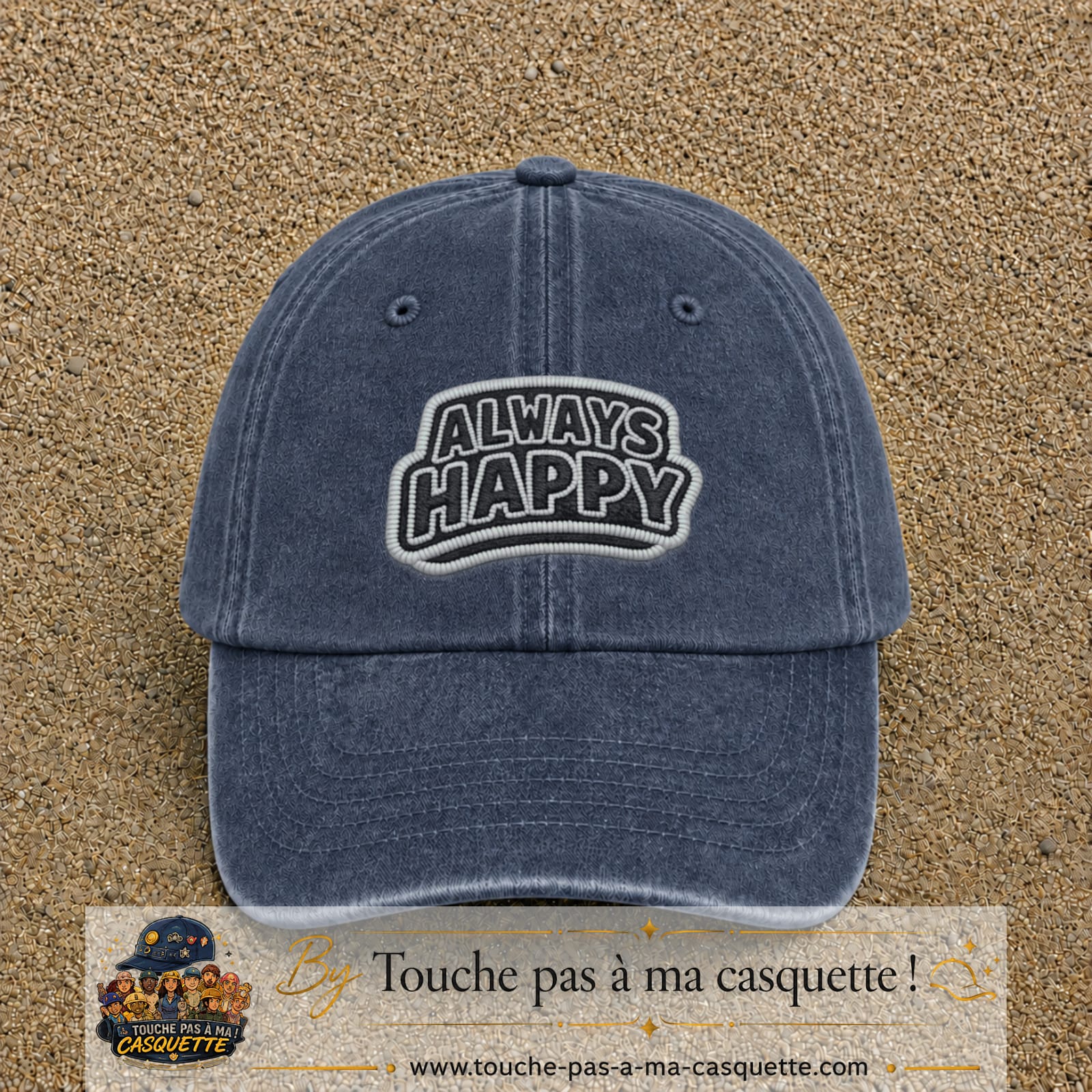Casquette Bleu marine délavé motif Message Always Happy 7 cm - vue principale