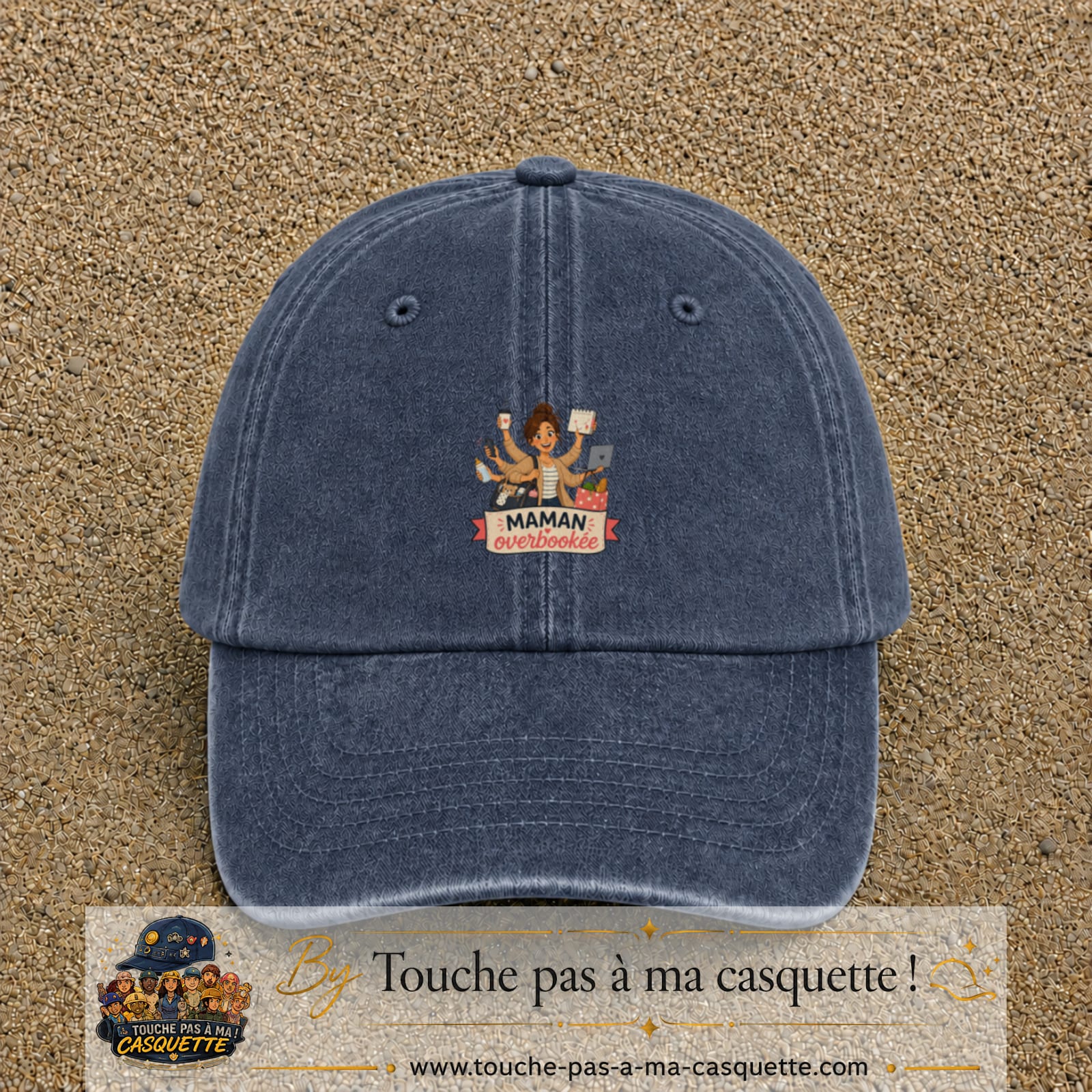 Casquette baseball Bleu marine délavé 100% coton avec visuel Maman overbookée 5 cm - image produit principale