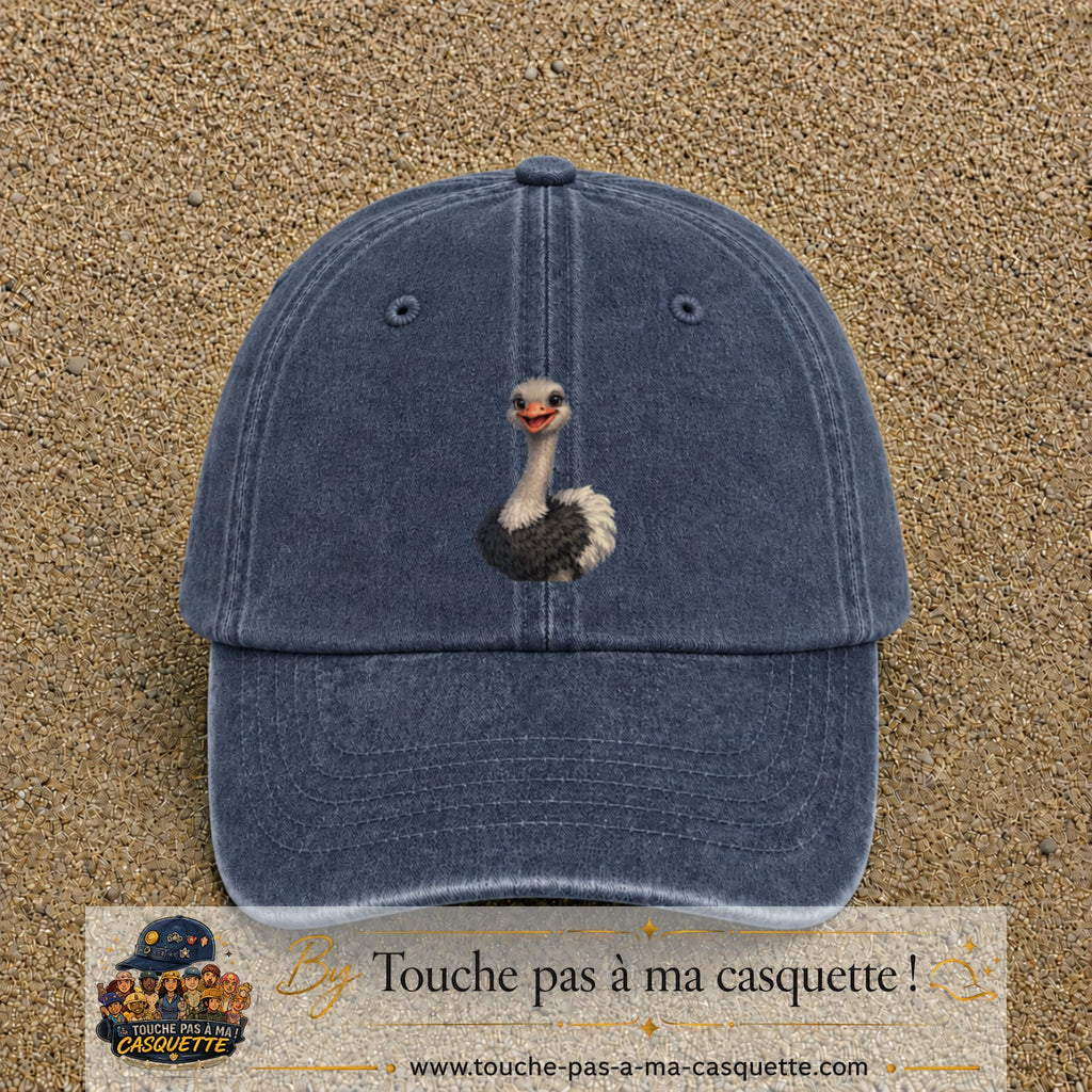 Casquette Bleu marine délavé 100% coton avec motif Autruche souriante 7 cm - image principale