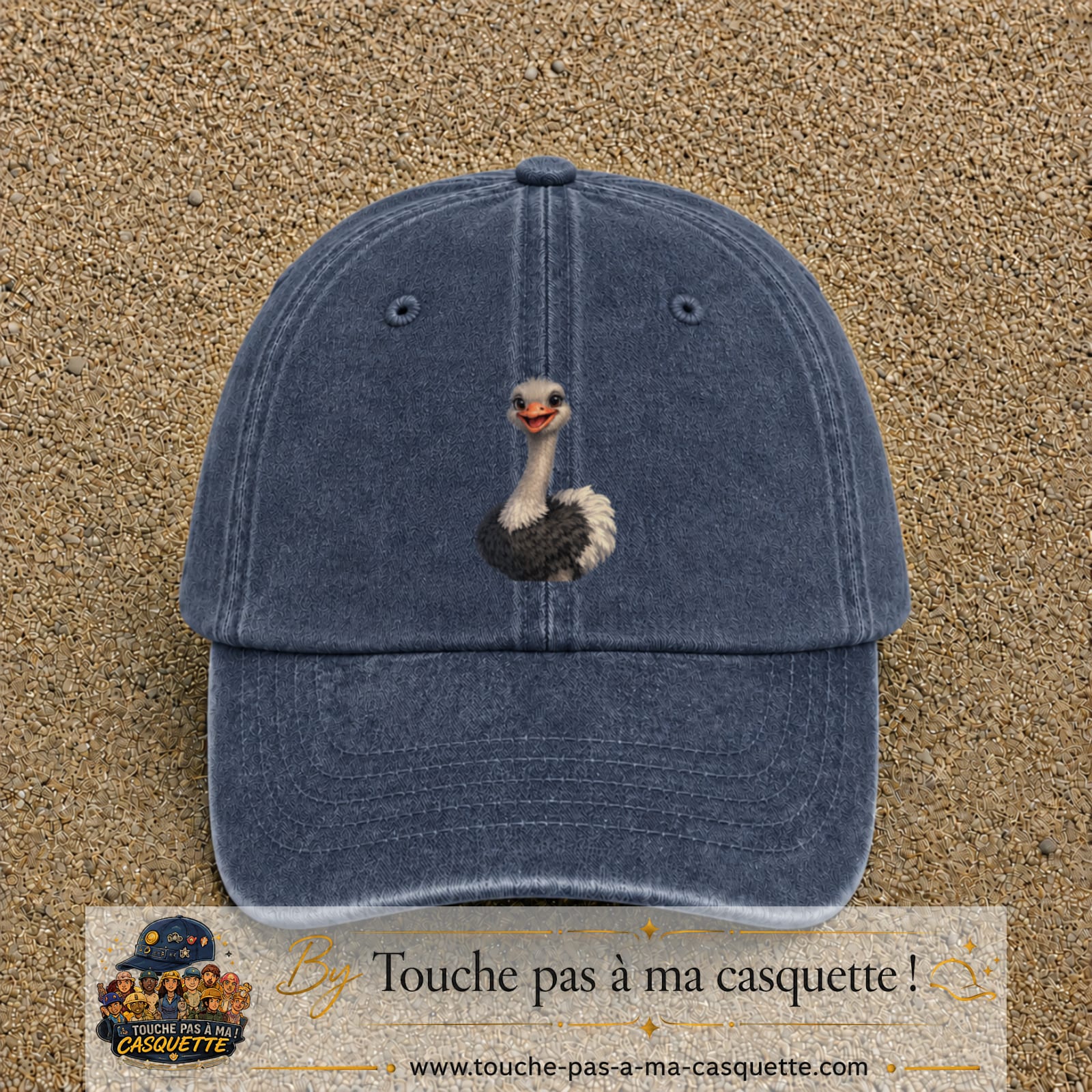 Casquette Bleu marine délavé 100% coton avec motif Autruche souriante 7 cm - image principale