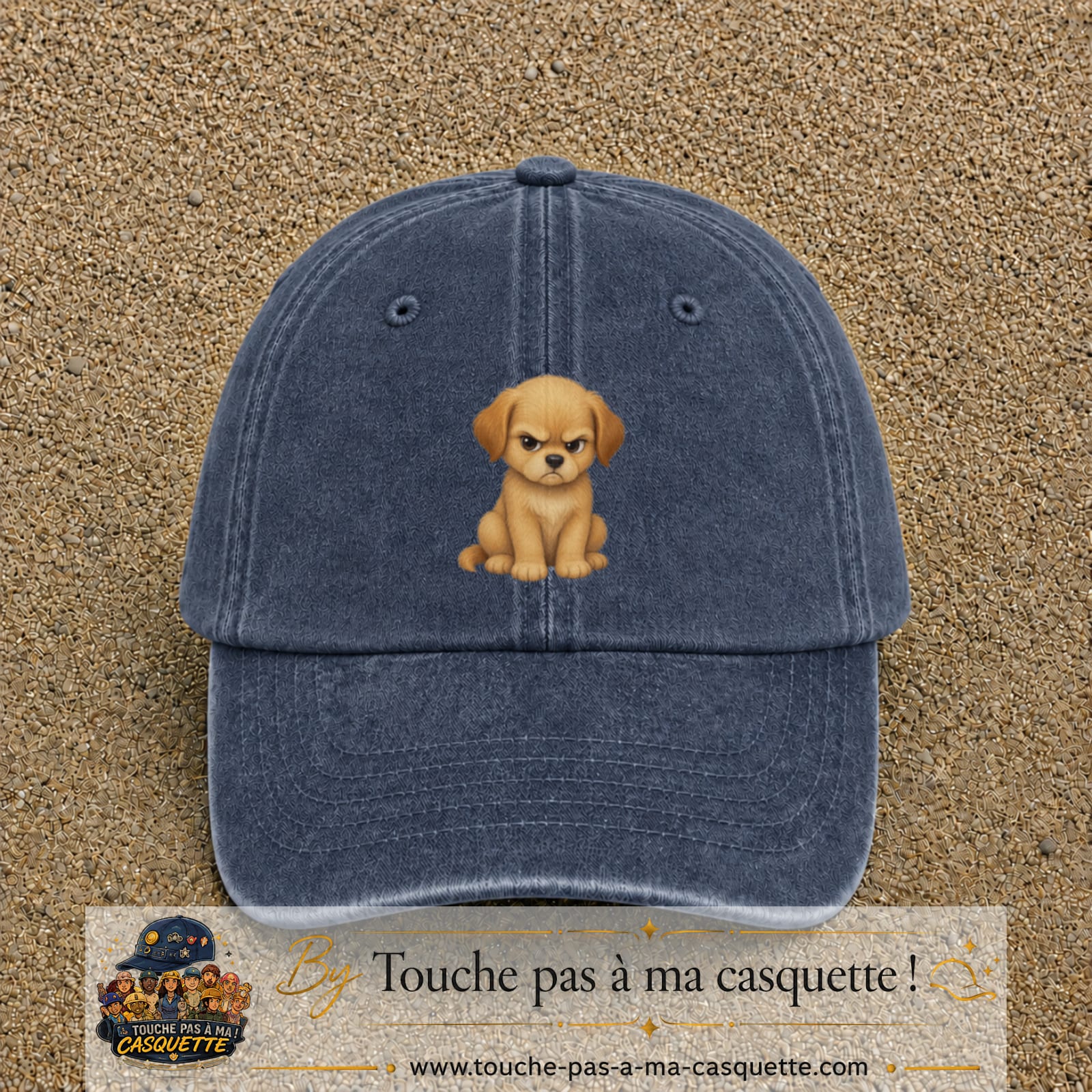 Casquette baseball Bleu marine délavé 100% coton avec motif Chiot boudeur 7 cm - image principale