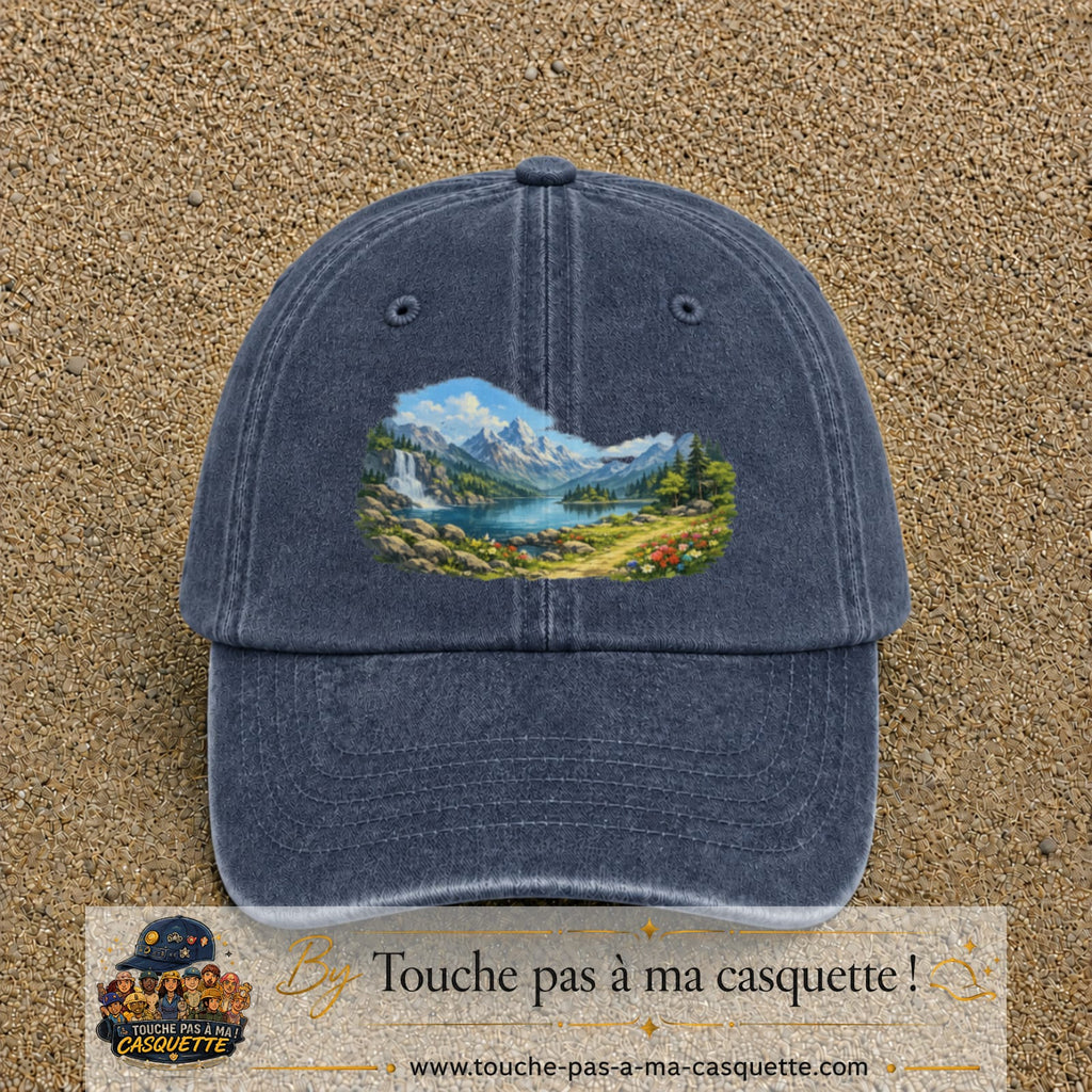 Casquette baseball Bleu marine délavé 100% coton avec motif Paysage montagne lac 7 cm - image principale