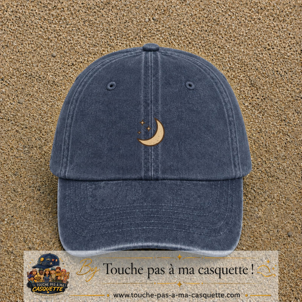 Casquette Bleu marine délavé 100% coton avec motif Lune et étoiles bohèmes 3 cm - image principale