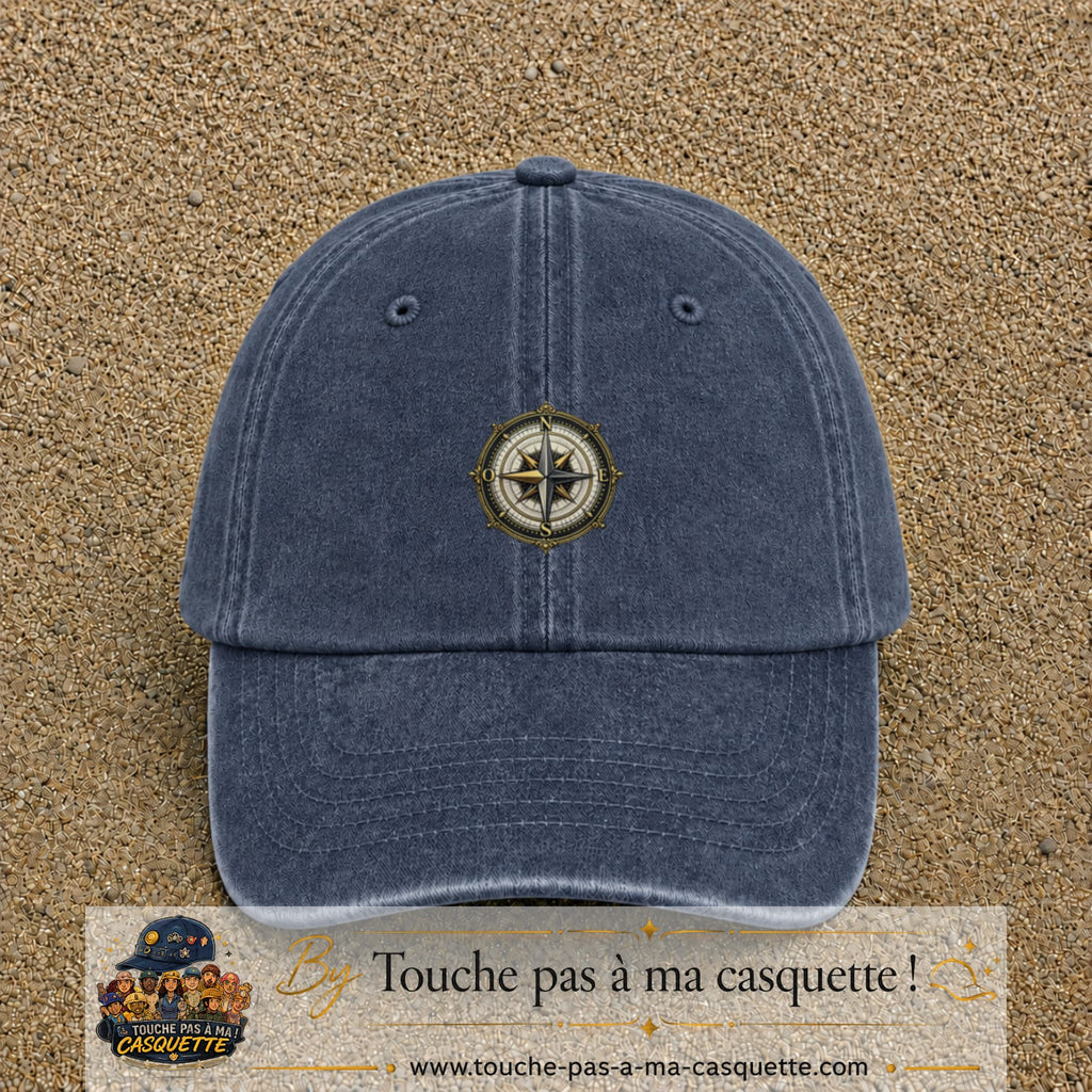 Casquette baseball Bleu marine délavé 100% coton avec visuel Boussole rose des vents 5 cm - image produit principale