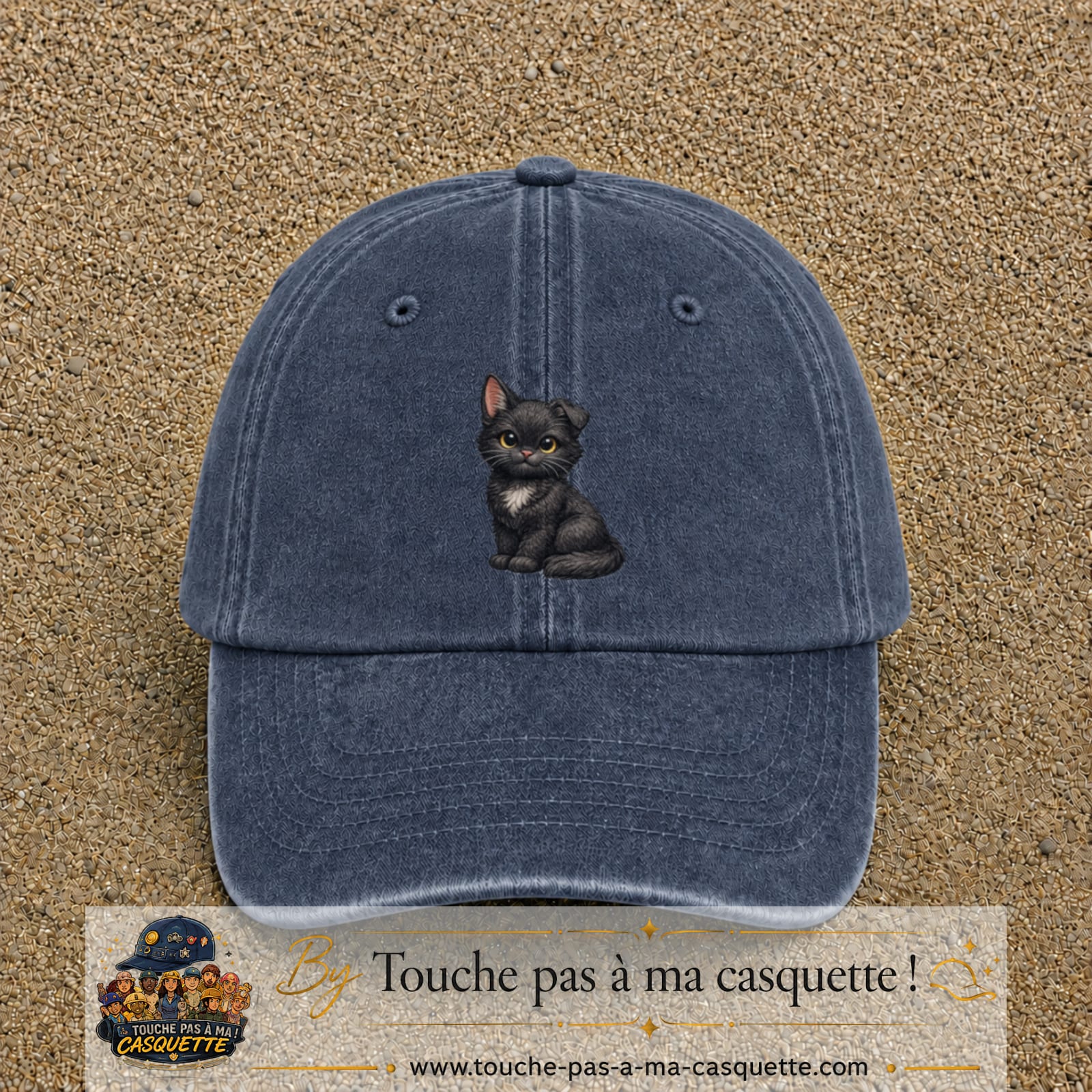 Casquette Bleu marine délavé motif Chaton assis 7 cm - vue principale