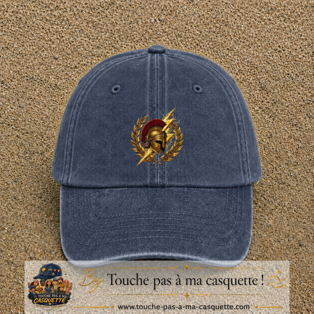 Casquette Bleu marine délavé 100% coton avec motif Casque spartiate éclair doré 7 cm - image principale