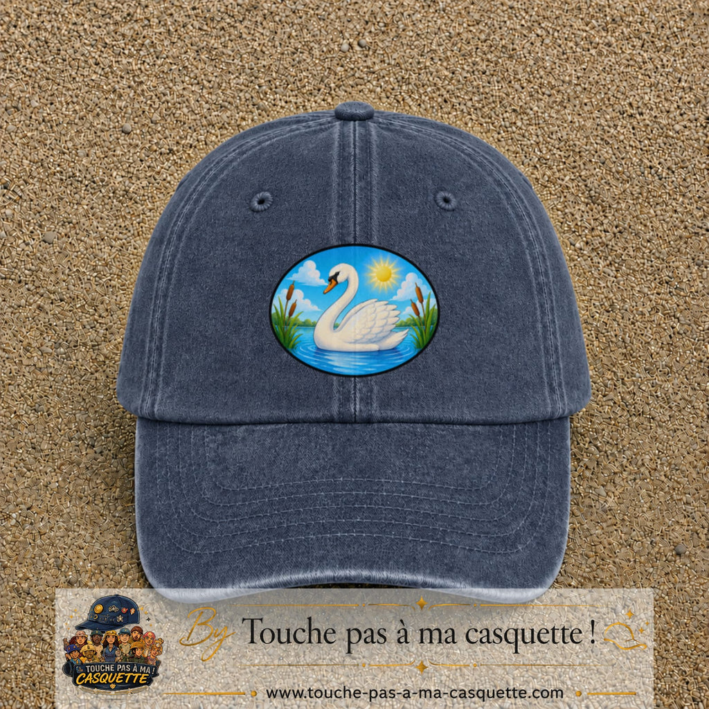 Casquette baseball Bleu marine délavé 100% coton avec visuel Cygne sur lac 7 cm - image produit principale