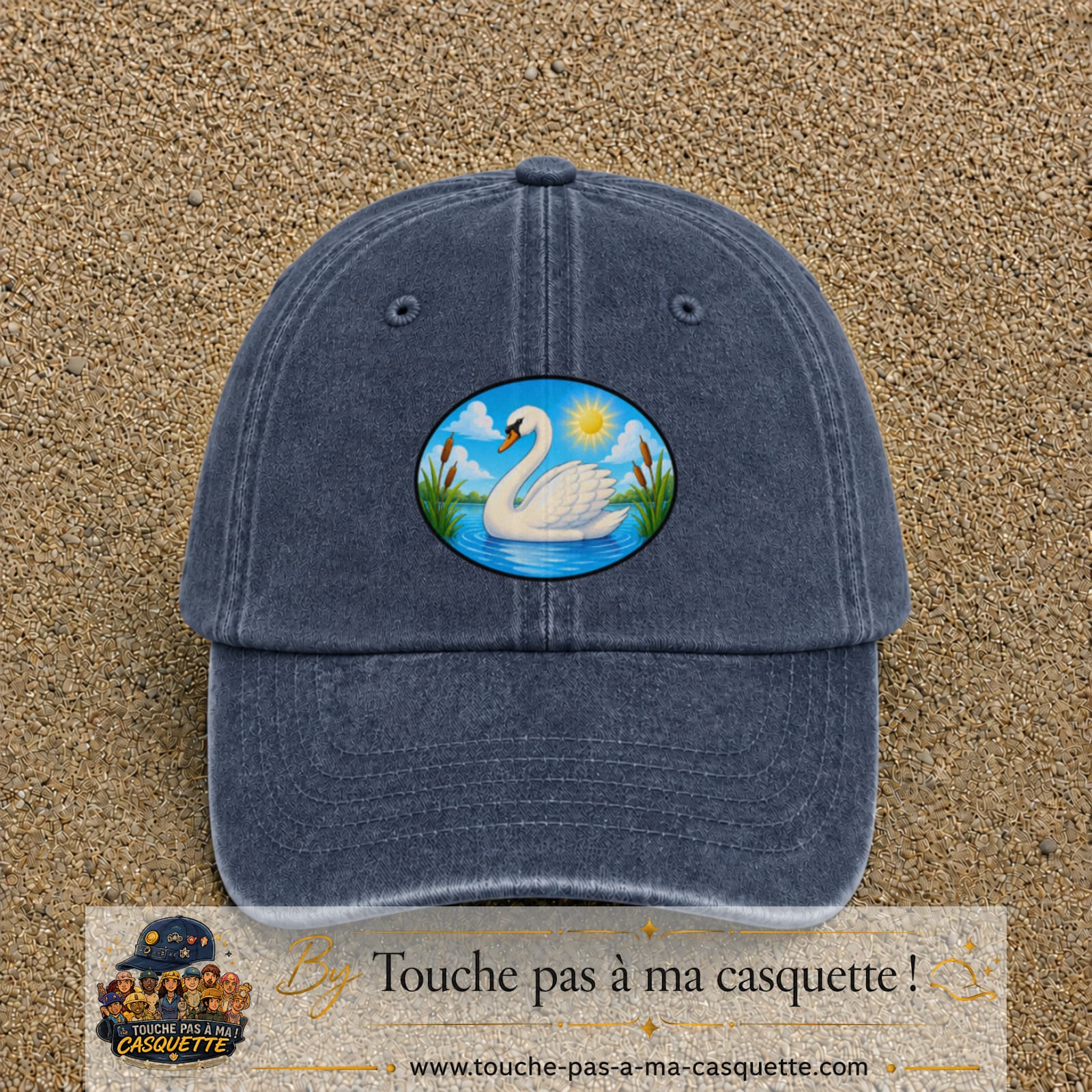 Casquette baseball Bleu marine délavé 100% coton avec visuel Cygne sur lac 7 cm - image produit principale