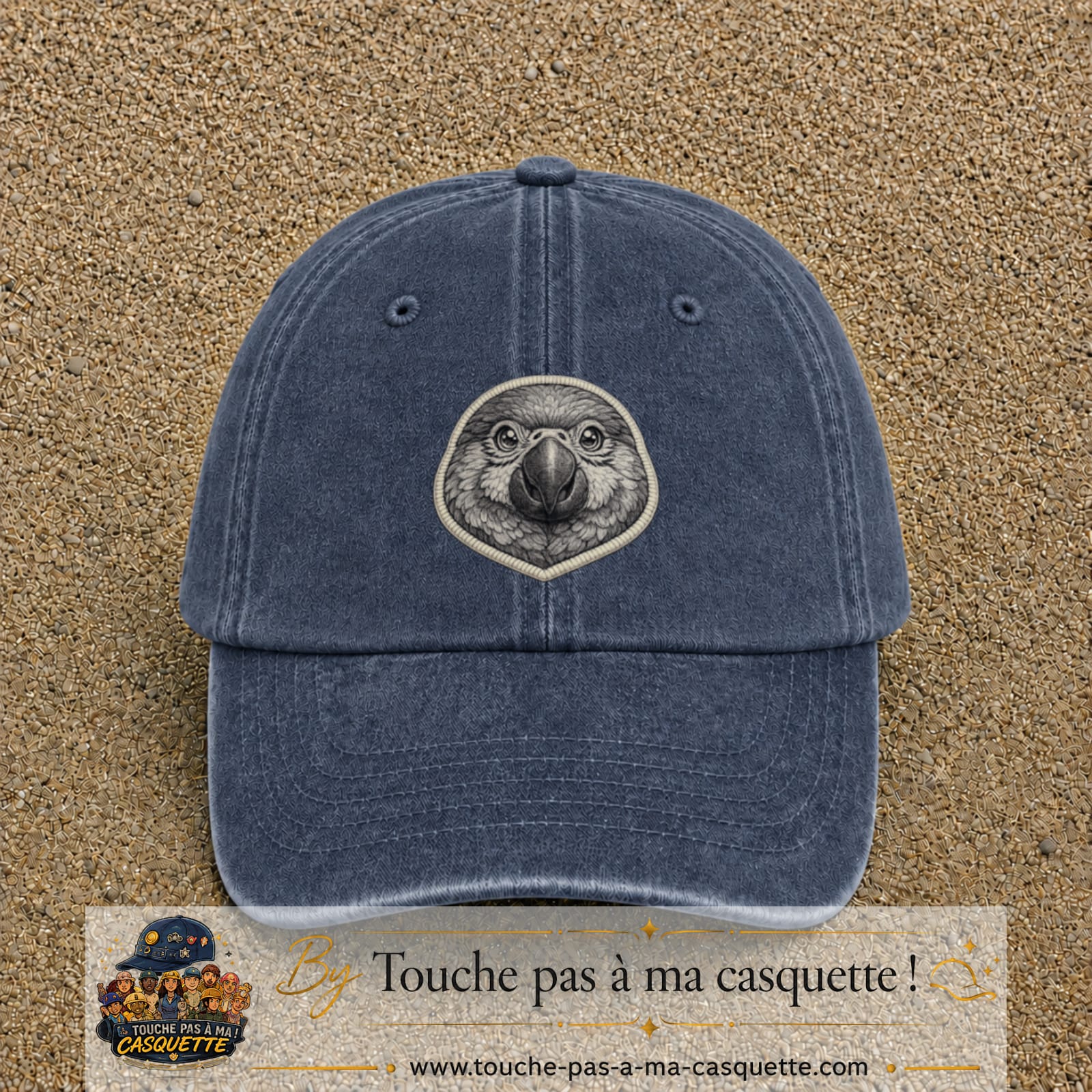 Casquette Bleu marine délavé motif Perroquet rond 7 cm - vue principale