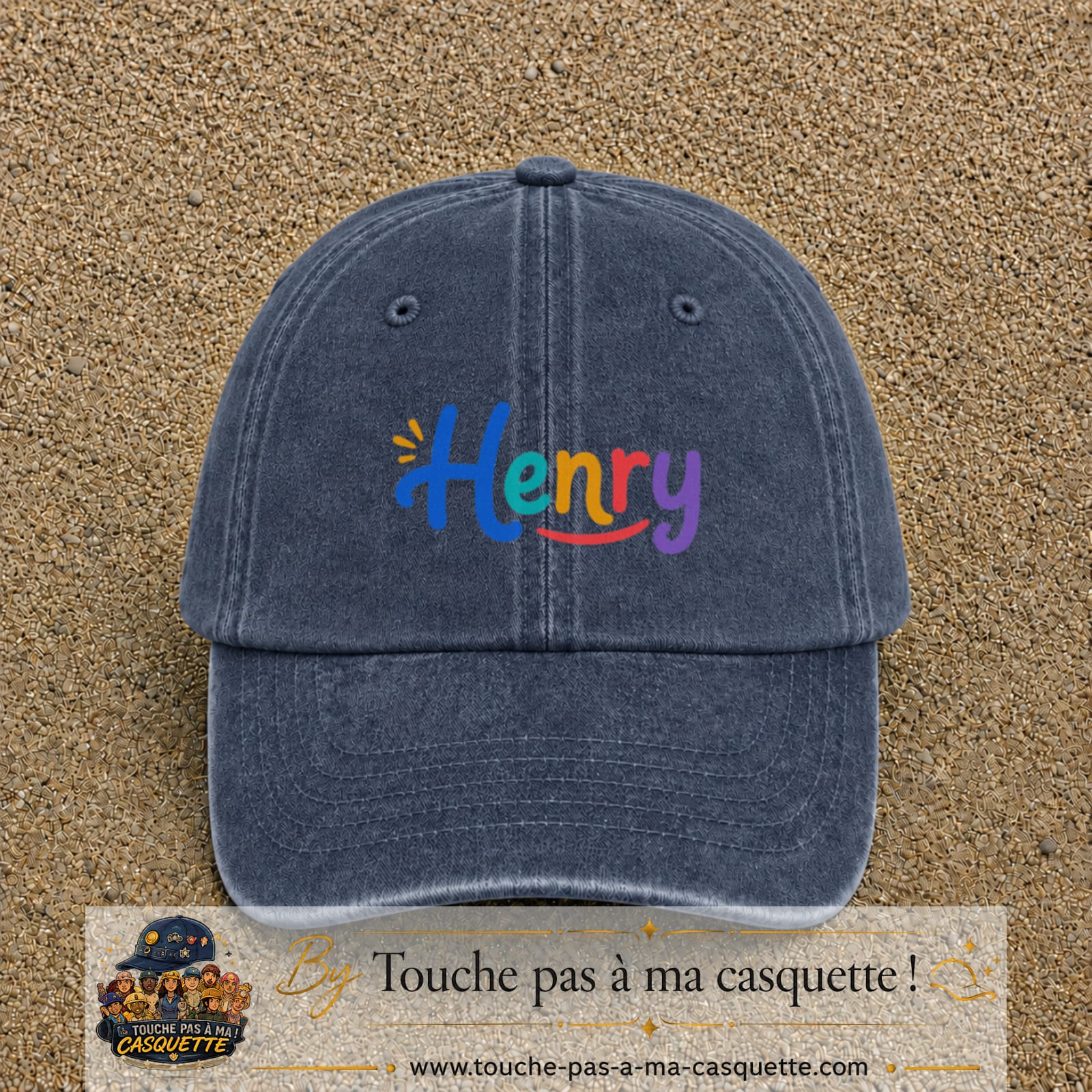 Casquette baseball Bleu marine délavé 100% coton avec visuel Prénom Henry coloré 5 cm - image produit principale
