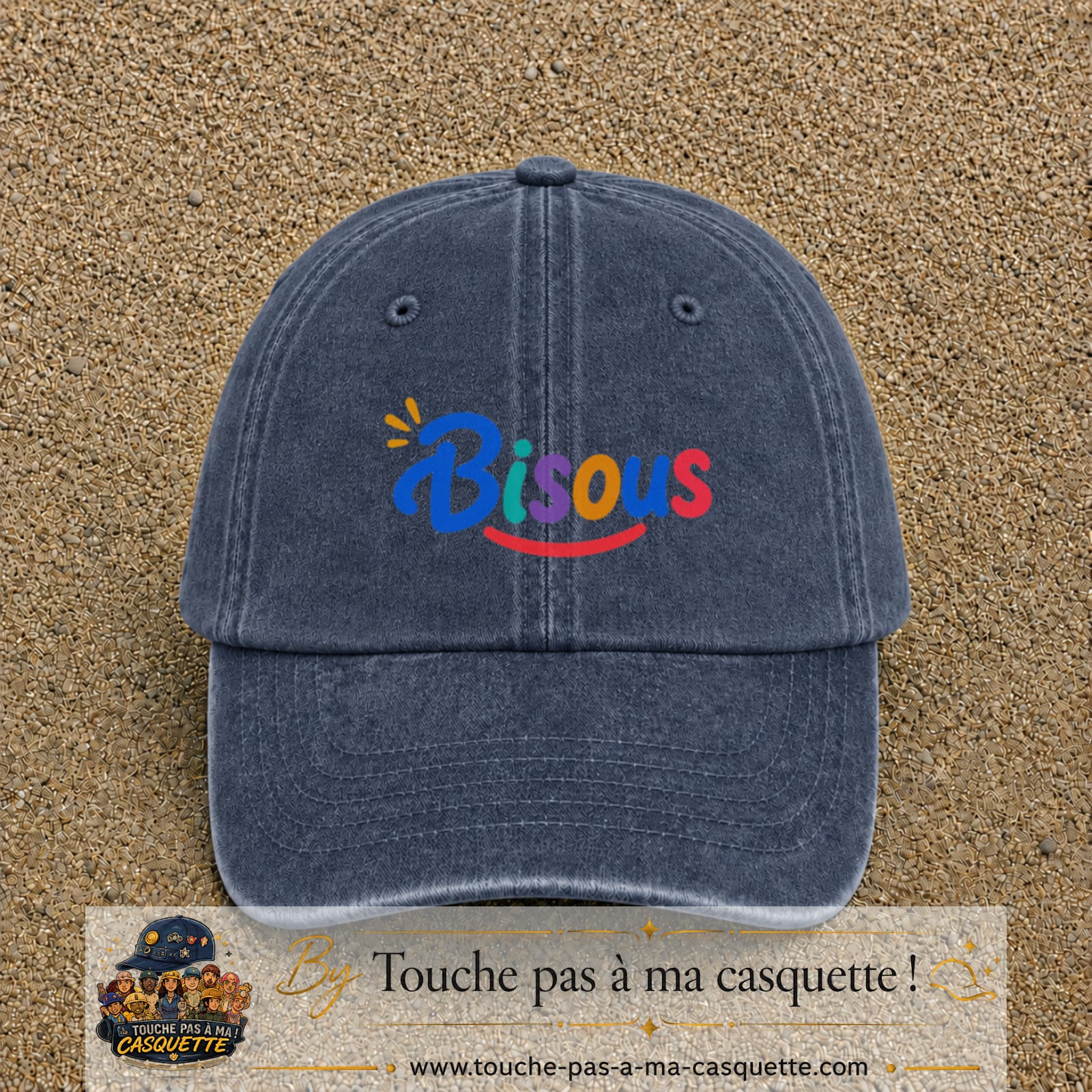 Casquette baseball Bleu marine délavé 100% coton avec visuel Bisous coloré 5 cm - image produit principale