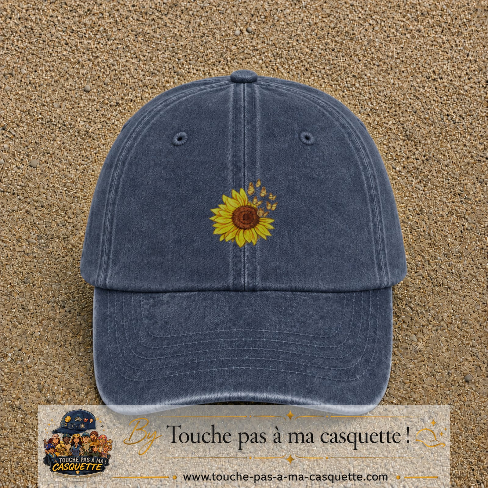 Casquette Bleu marine délavé motif Tournesol avec papillons 5 cm - vue principale