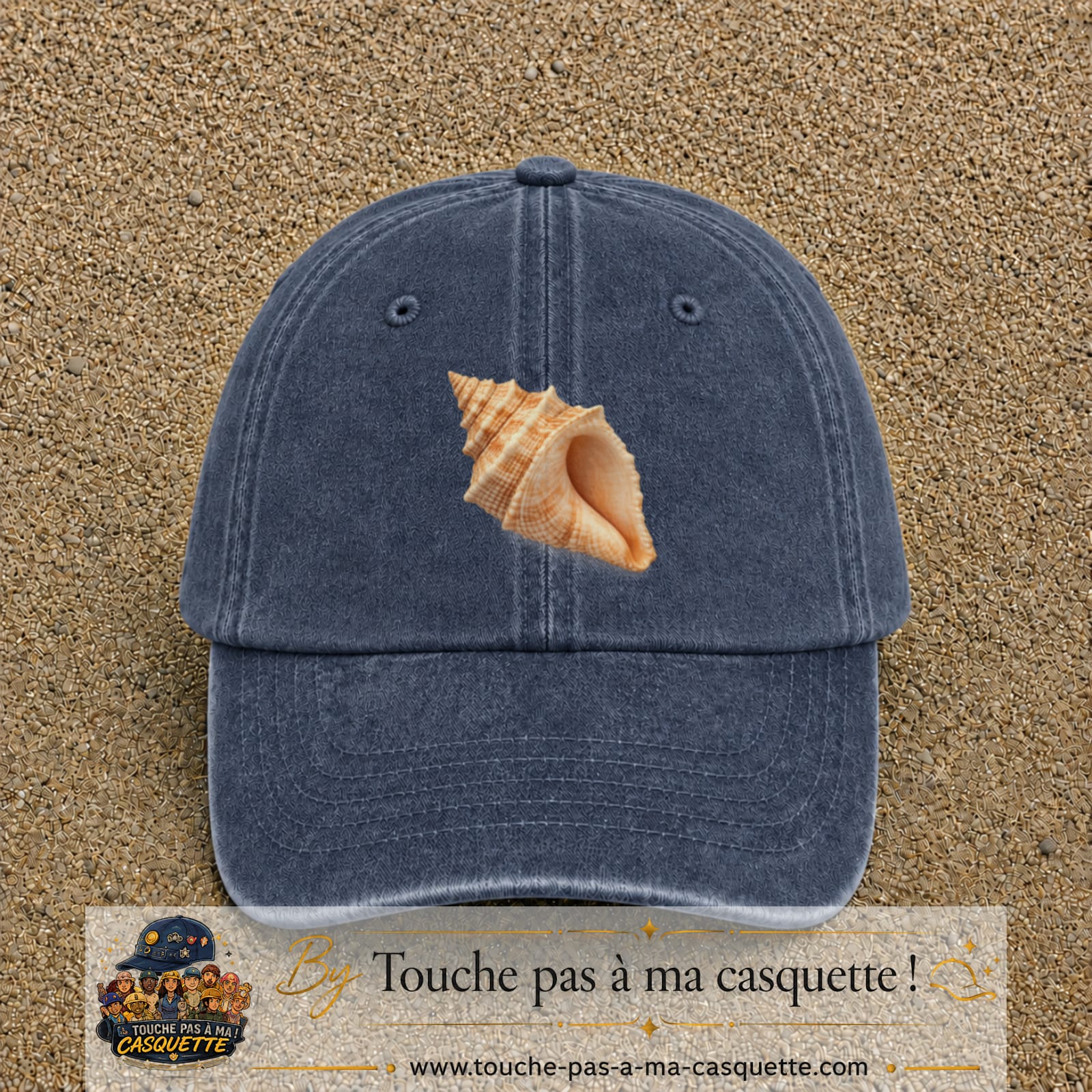 Casquette baseball Bleu marine délavé 100% coton avec visuel Coquillage marin 7 cm - image produit principale