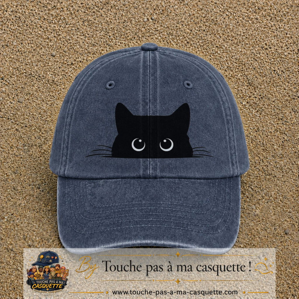 Casquette baseball Bleu marine délavé 100% coton avec visuel Chat noir cache-cache 7 cm - image produit principale