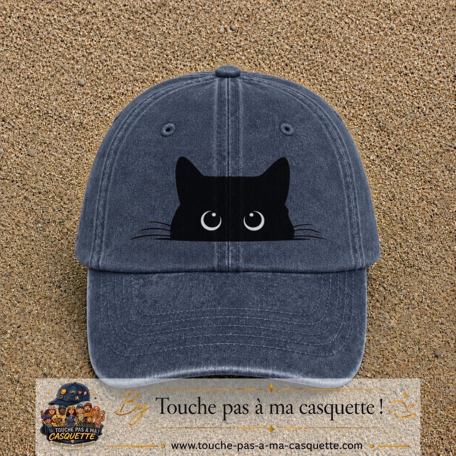 Casquette baseball Bleu marine délavé 100% coton avec visuel Chat noir cache-cache 7 cm - image produit principale