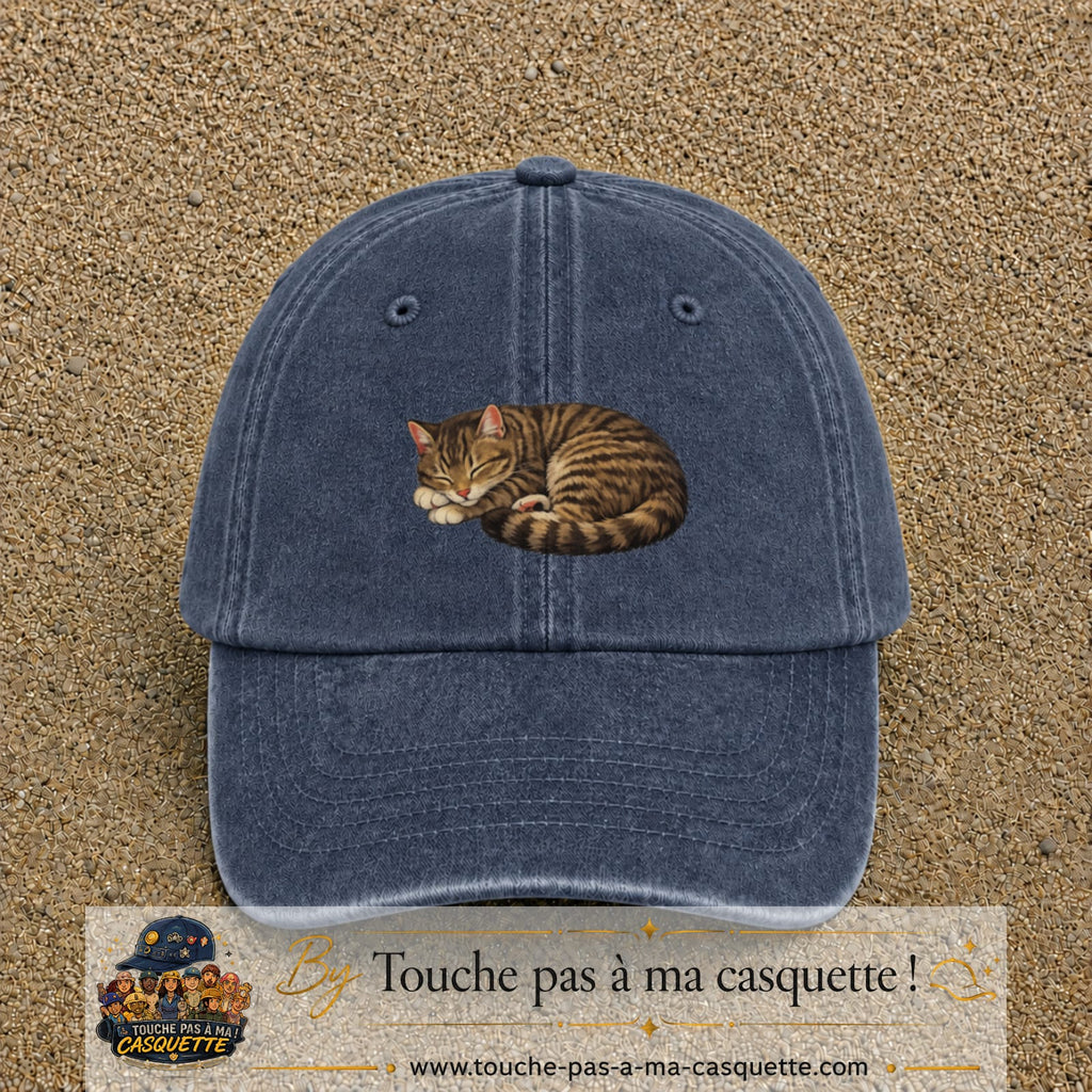 Casquette baseball Bleu marine délavé 100% coton avec motif Chat endormi 5 cm - image principale