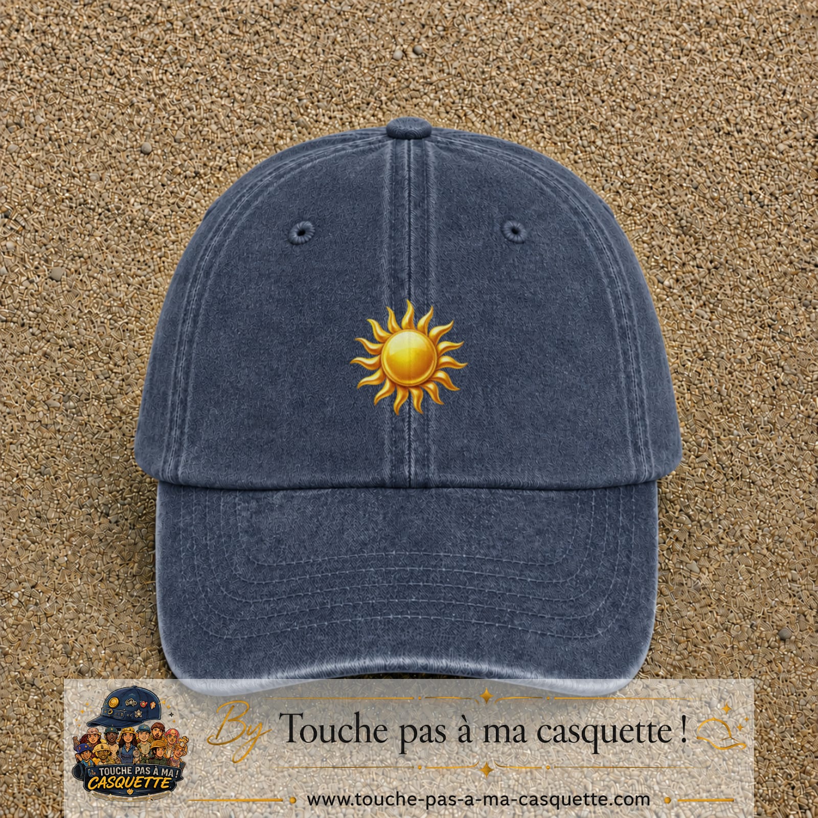 Casquette baseball Bleu marine délavé 100% coton avec visuel Soleil brillant 5 cm - image produit principale