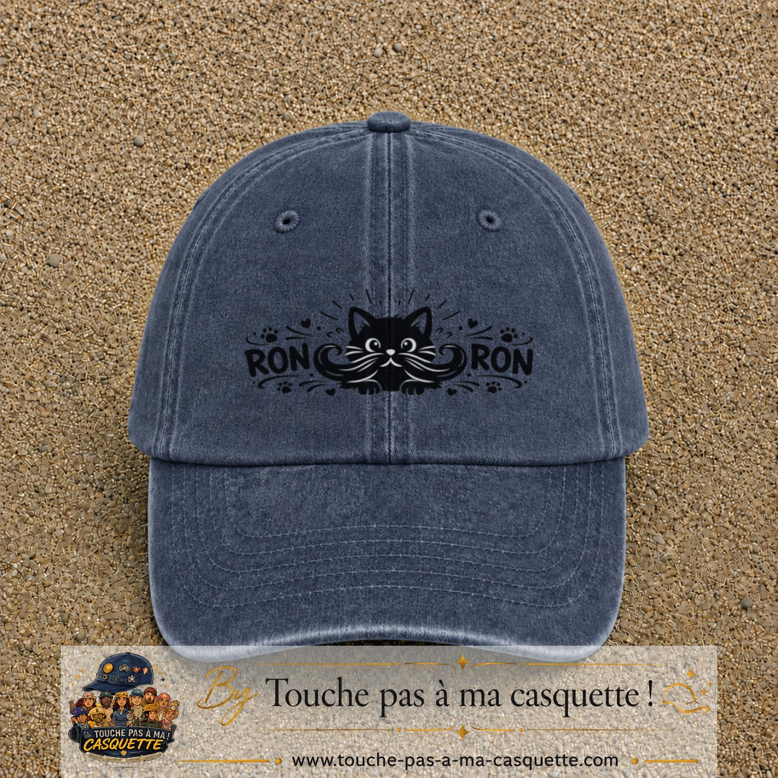 Casquette Bleu marine délavé motif Chat Ron Ron 5 cm - vue principale