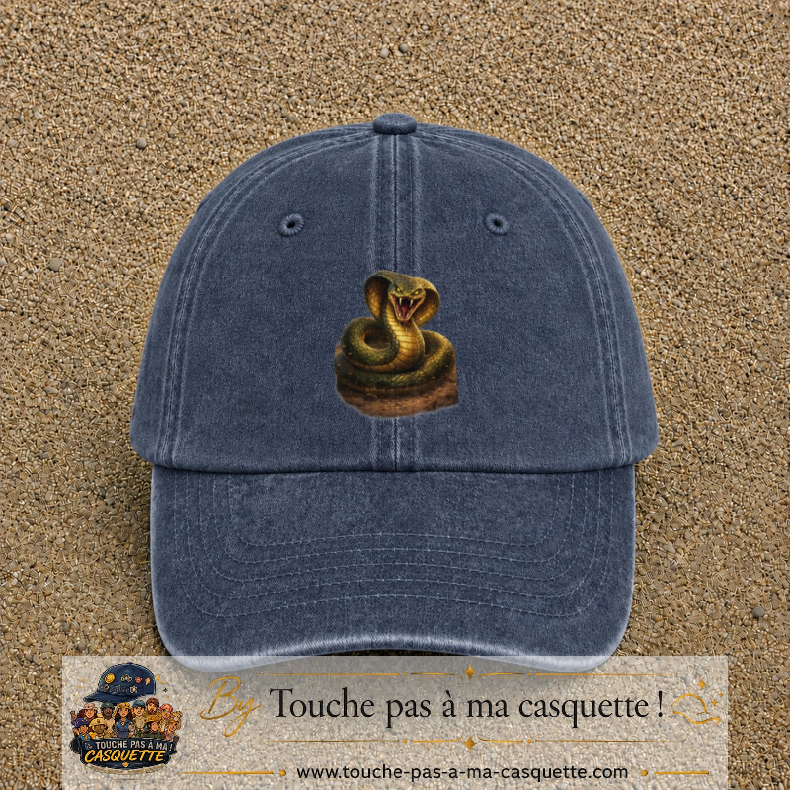 Casquette baseball Bleu marine délavé 100% coton avec visuel Cobra réaliste 7 cm - image produit principale