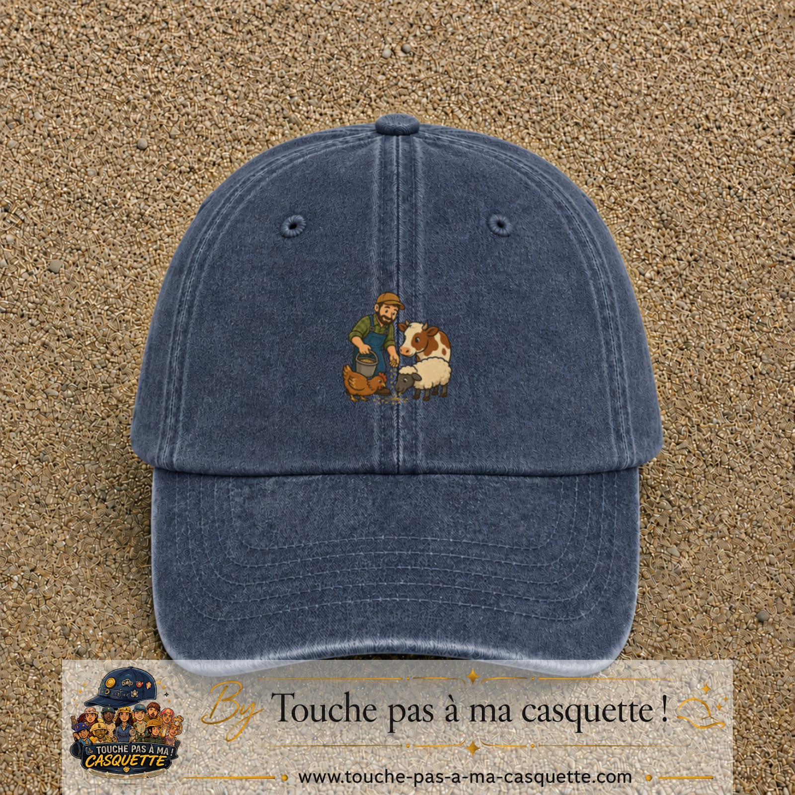 Casquette Bleu marine délavé 100% coton avec motif Fermier et animaux 5 cm - image principale
