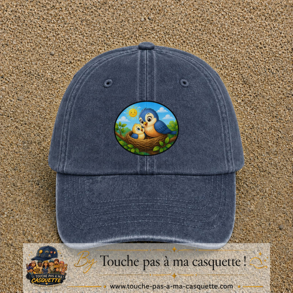 Casquette baseball Bleu marine délavé 100% coton avec visuel Oiseaux au nid 7 cm - image produit principale