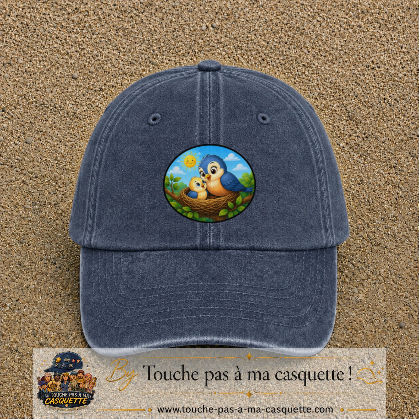 Casquette baseball Bleu marine délavé 100% coton avec visuel Oiseaux au nid 7 cm - image produit principale