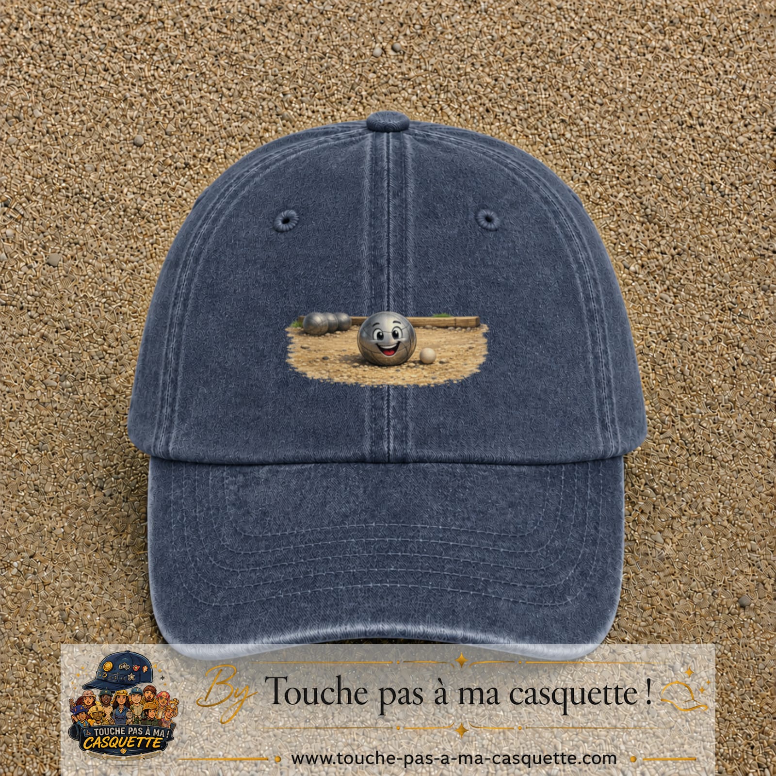 Casquette baseball Bleu marine délavé 100% coton avec motif Boule de pétanque souriante 7 cm - image principale