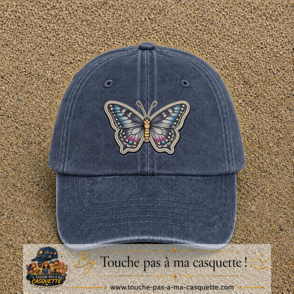 Casquette Bleu marine délavé motif Papillon enchanté 7 cm - vue principale