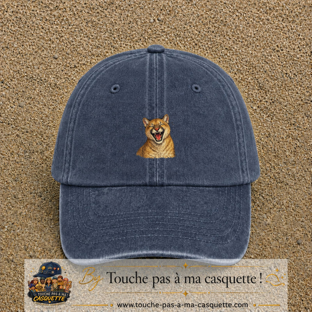 Casquette Bleu marine délavé 100% coton avec motif Félin sauvage qui rit 5 cm - image principale
