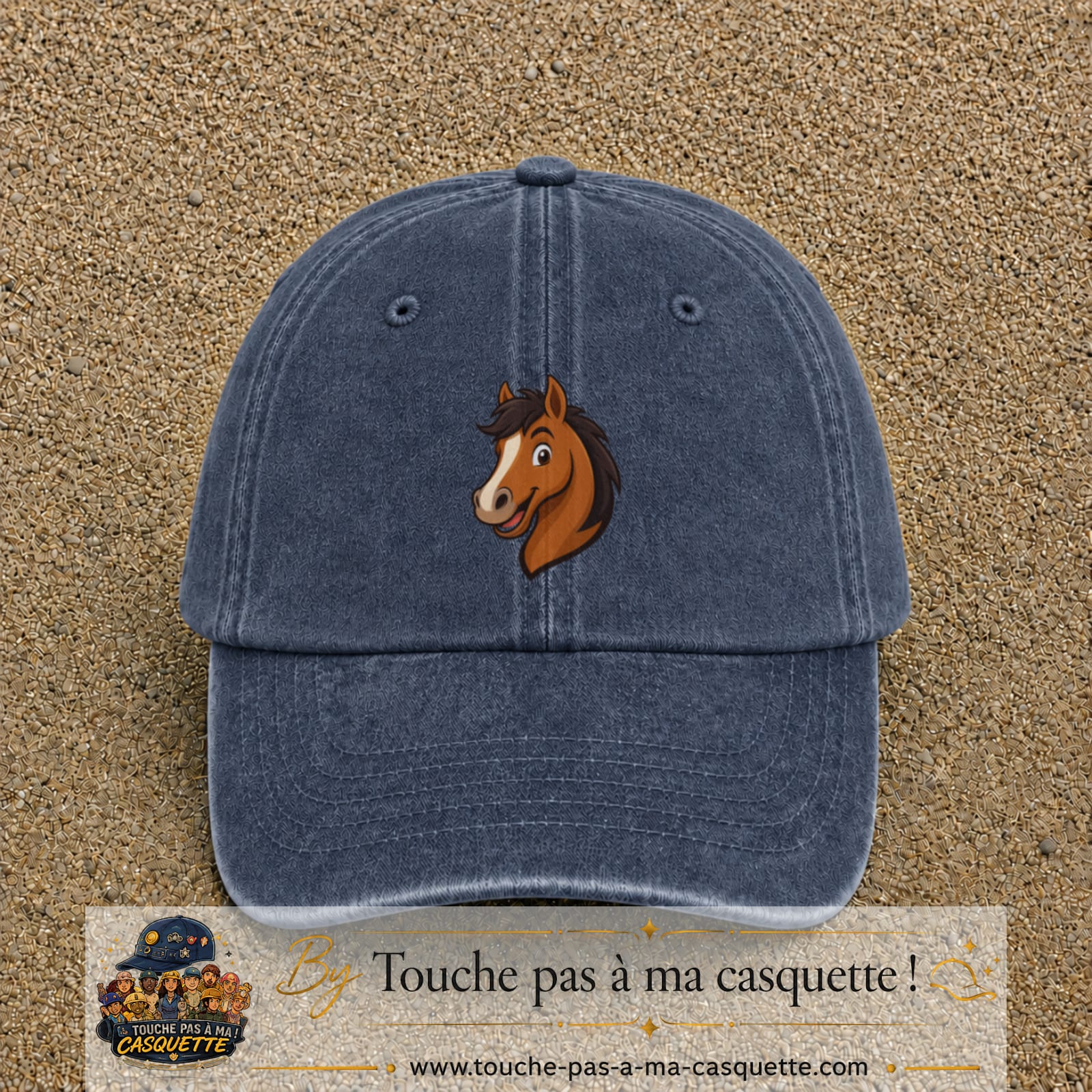 Casquette baseball Bleu marine délavé 100% coton avec visuel Cheval souriant 7 cm - image produit principale