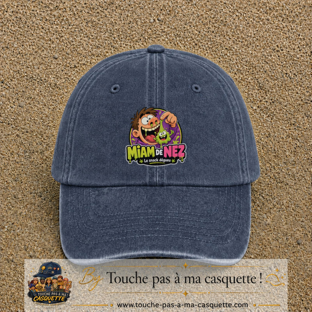 Casquette baseball Bleu marine délavé 100% coton avec visuel Miam de nez 7 cm - image produit principale