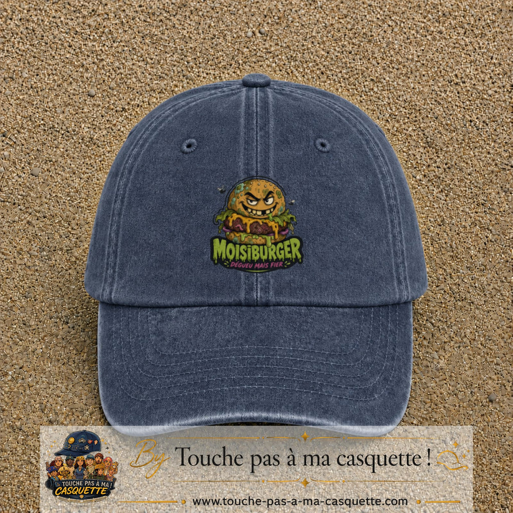 Casquette baseball Bleu marine délavé 100% coton avec visuel Moistburger dégueu mais fier 7 cm - image produit principale