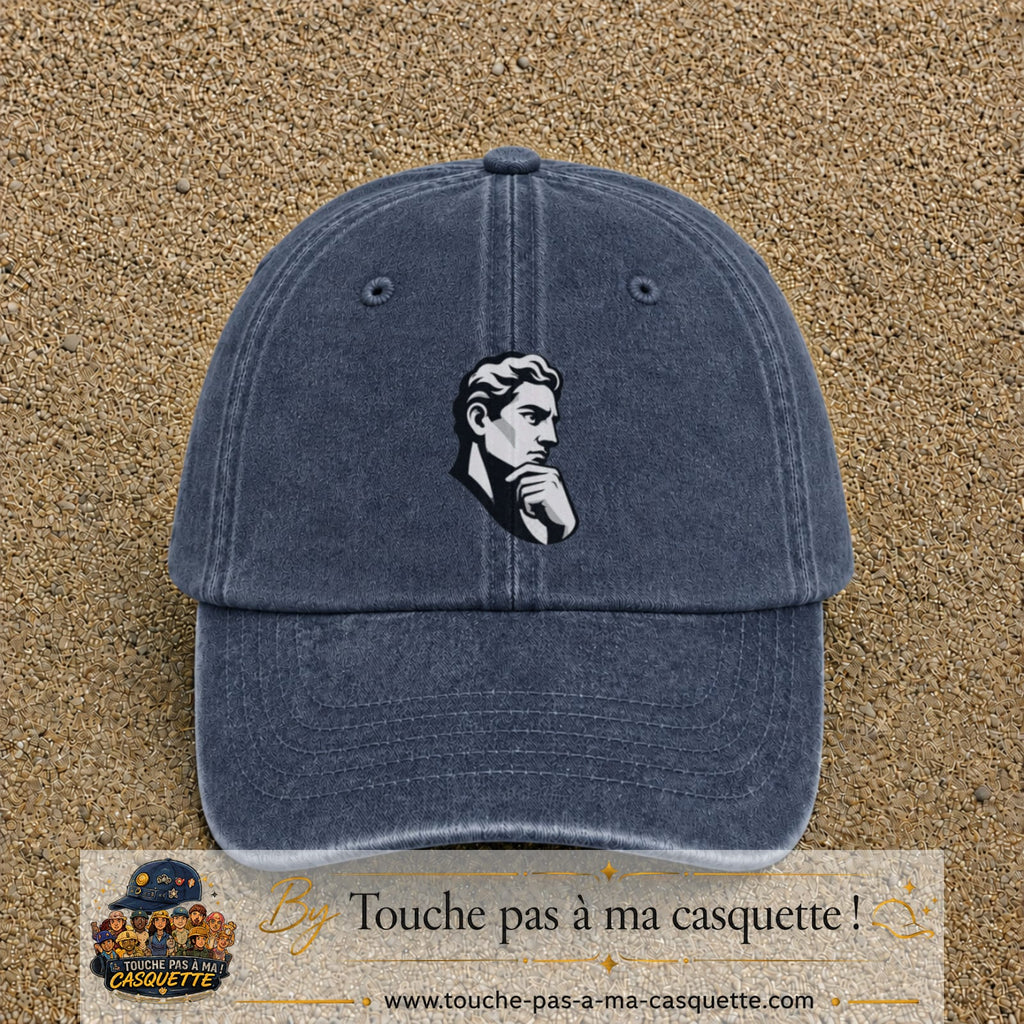 Casquette Bleu marine délavé 100% coton avec motif Portrait homme penseur 7 cm - image principale