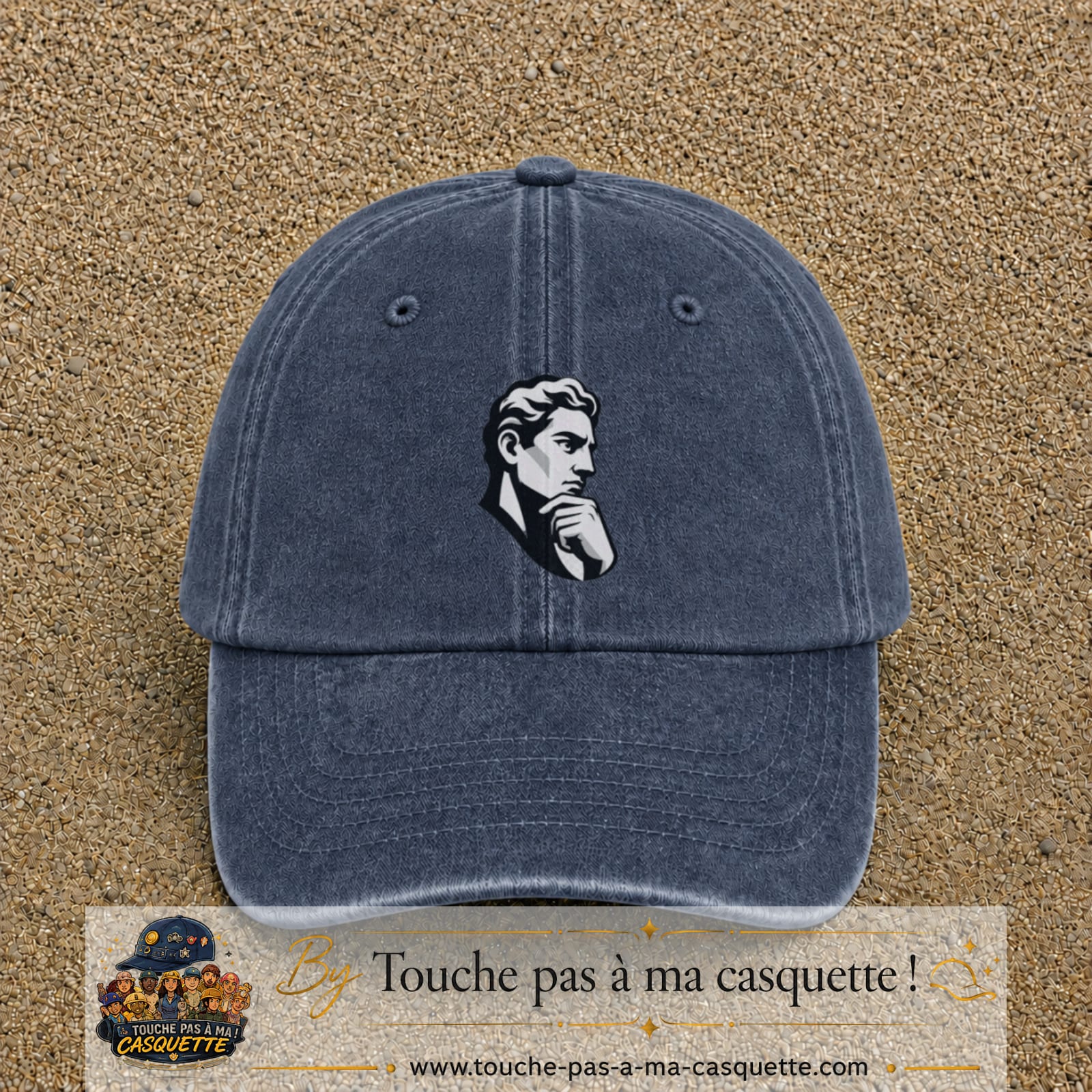 Casquette Bleu marine délavé 100% coton avec motif Portrait homme penseur 7 cm - image principale