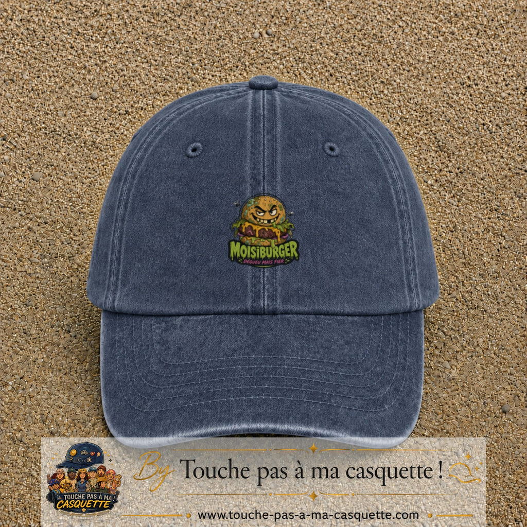 Casquette baseball Bleu marine délavé 100% coton avec visuel Moistburger dégueu mais fier 5 cm - image produit principale