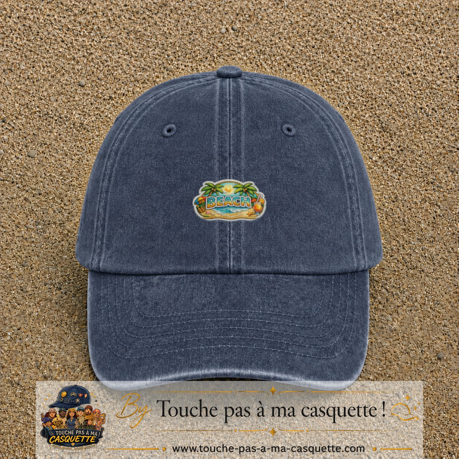 Casquette Bleu marine délavé motif Plage tropicale Beach 3 cm - vue principale