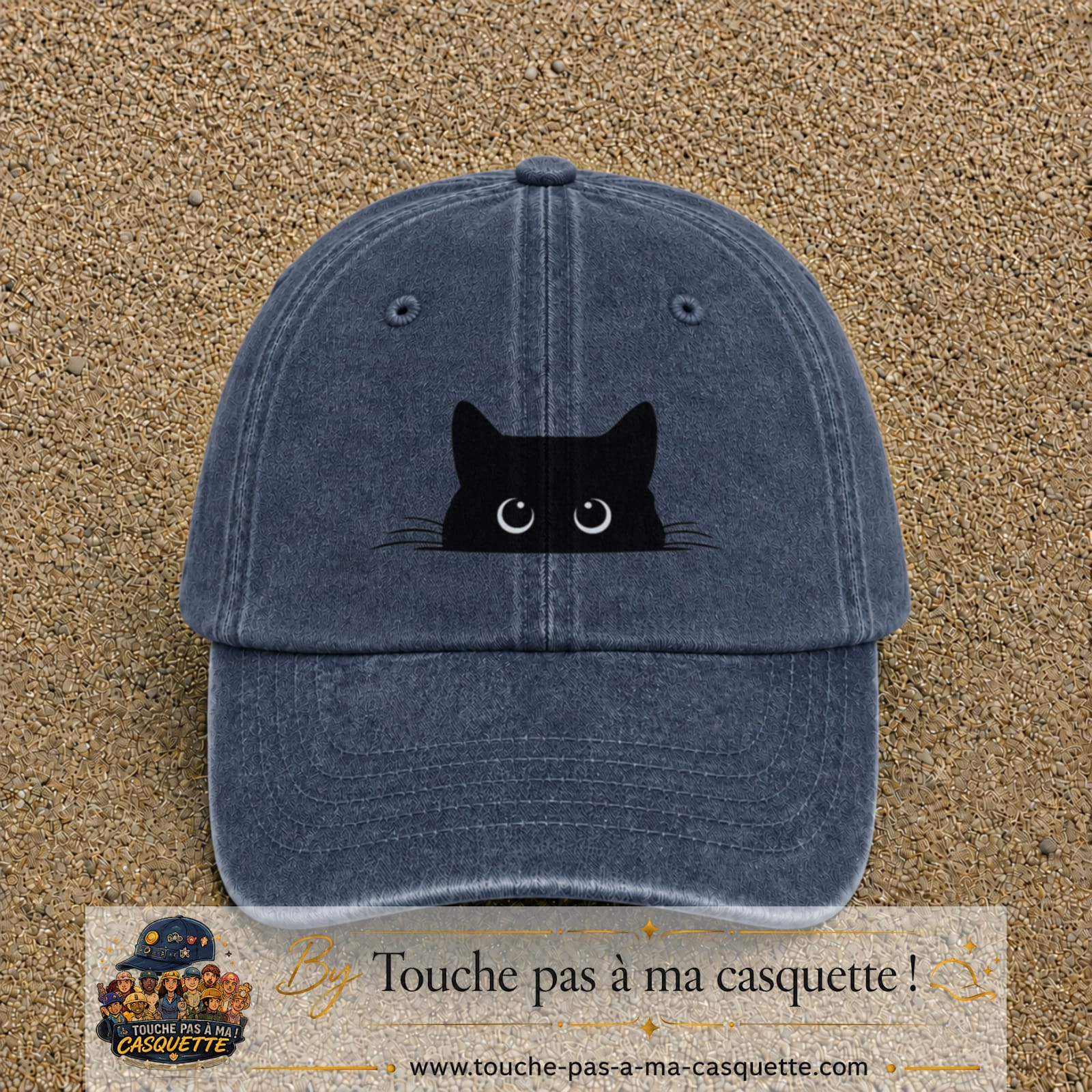 Casquette baseball Bleu marine délavé 100% coton avec visuel Chat noir cache-cache 5 cm - image produit principale