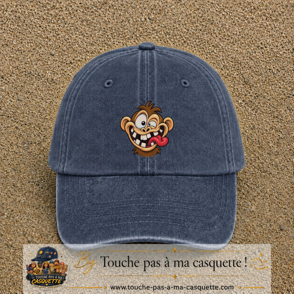 Casquette baseball Bleu marine délavé 100% coton avec visuel Singe fou grimace 7 cm - image produit principale