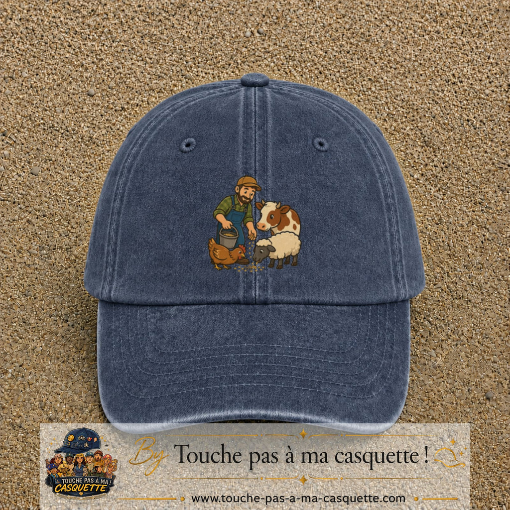 Casquette Bleu marine délavé 100% coton avec motif Fermier et animaux 7 cm - image principale