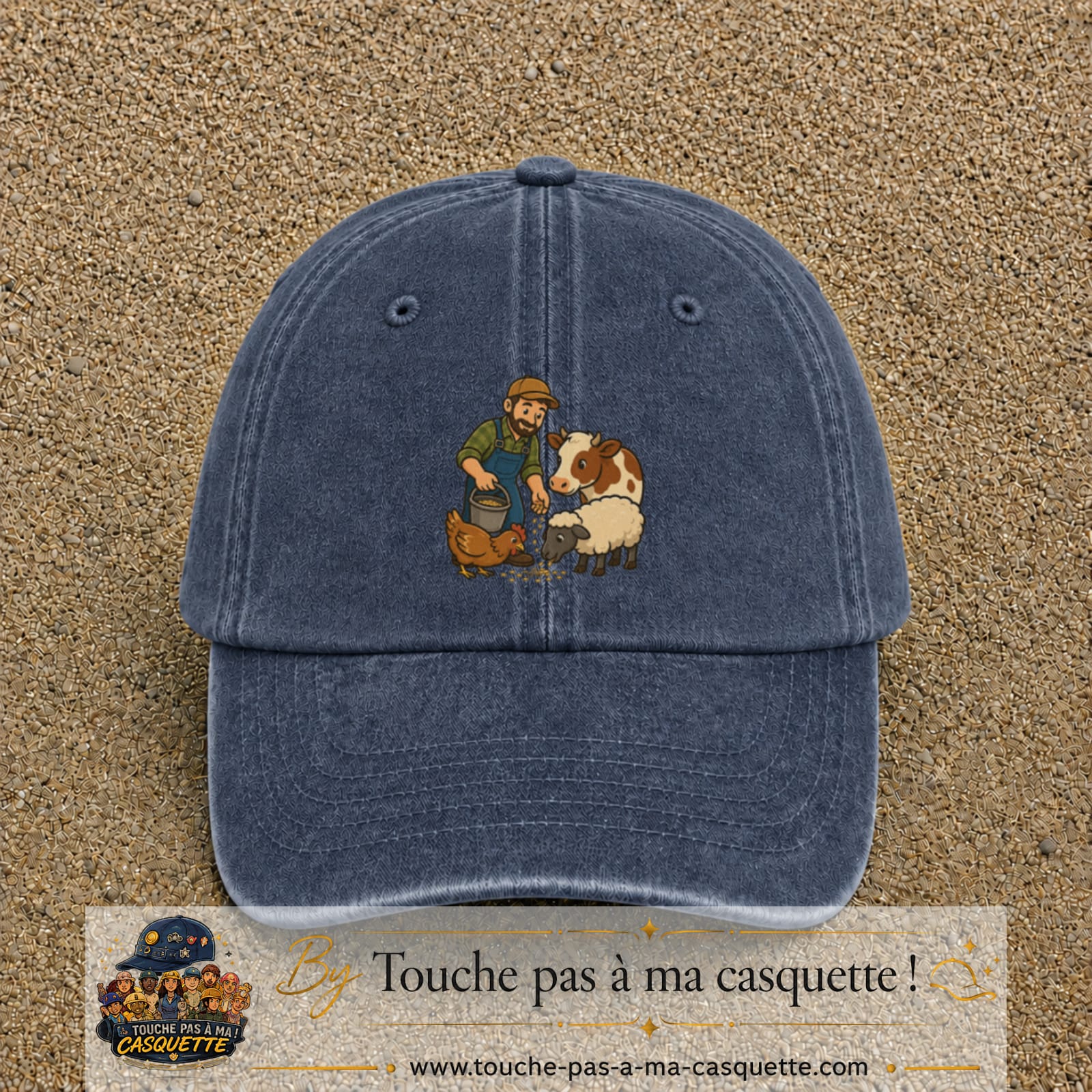 Casquette Bleu marine délavé 100% coton avec motif Fermier et animaux 7 cm - image principale