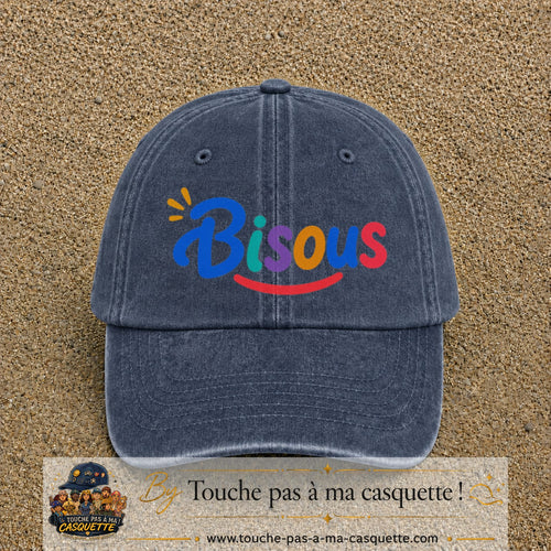 Casquette baseball Bleu marine délavé 100% coton avec visuel Bisous coloré 7 cm - image produit principale