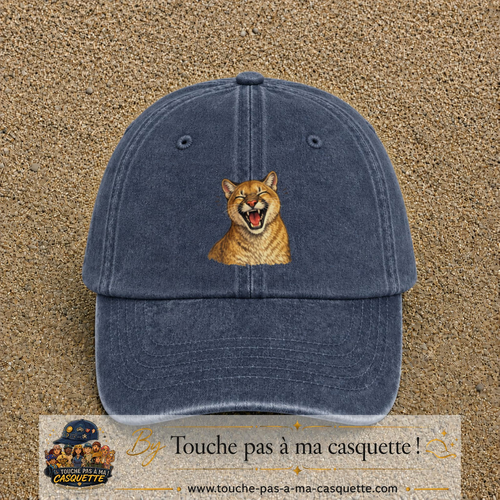 Casquette Bleu marine délavé 100% coton avec motif Félin sauvage qui rit 7 cm - image principale