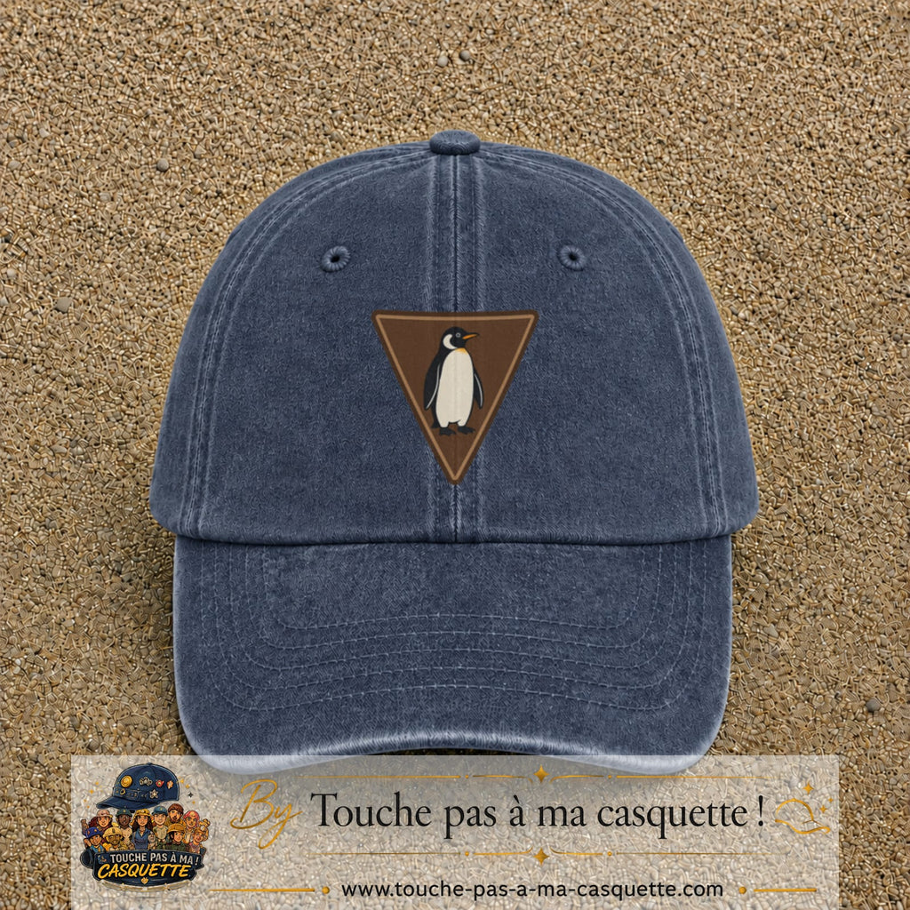 Casquette baseball Bleu marine délavé 100% coton avec visuel Pingouin panneau 7 cm - image produit principale