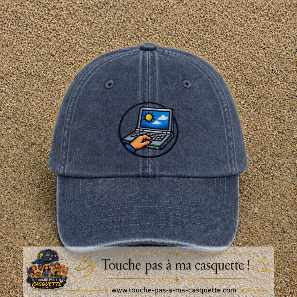 Casquette Bleu marine délavé 100% coton avec motif Ordinateur portable météo 7 cm - image principale