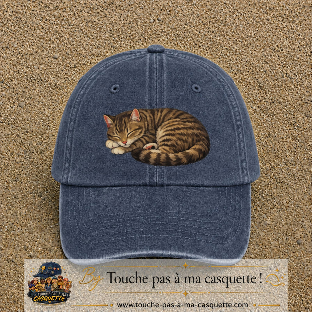 Casquette baseball Bleu marine délavé 100% coton avec motif Chat endormi 7 cm - image principale
